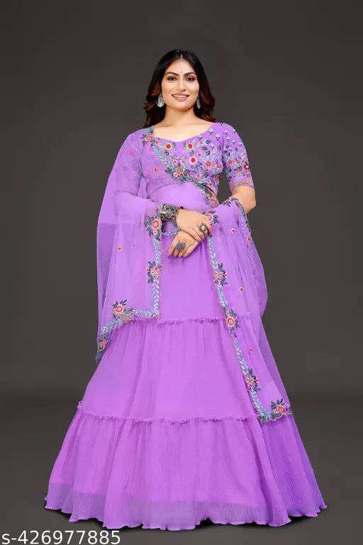 Embroidered Georgette women's choli and dupatta set, semi-stitched Lehenga (43in), India origin