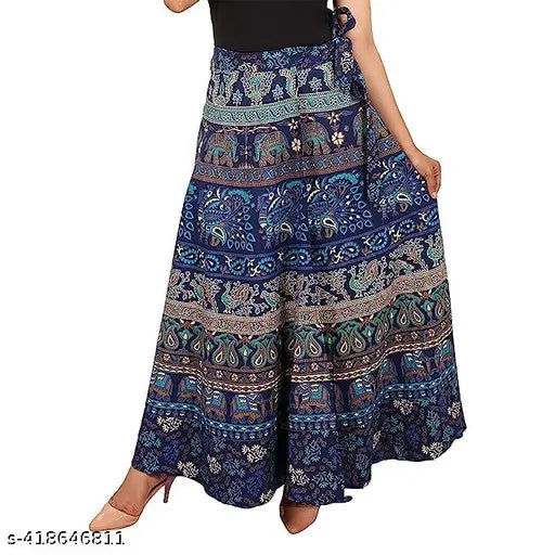 Bule-brown women's cotton sanganeri jaipuri print long wrap skirt (2combopack), Indian handcrafted fashion party skirt with solid patterns