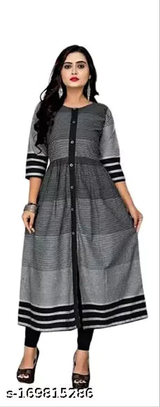 Black striped cotton 3/4 sleeves gown for girls, daily wear kurti from India