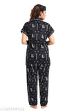 Black cotton printed night suit for women, soft quality lace detailing - attractive Indian-made bedroom wear