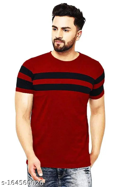Maroon and black striped cotton blend men's t-shirt on hanger