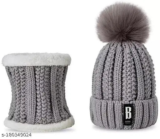 Grey knit winter cap with fur trim, scarf