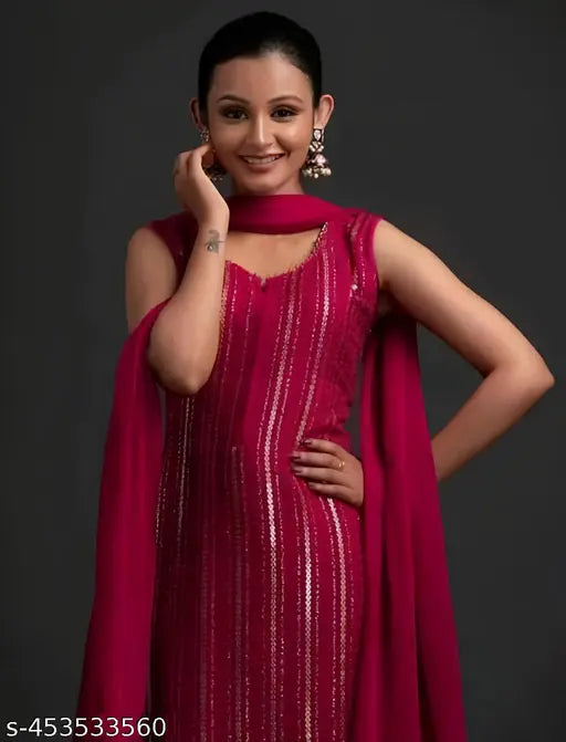 Ruby chiffon saree with embroidered border, floor-length, embellished detailing