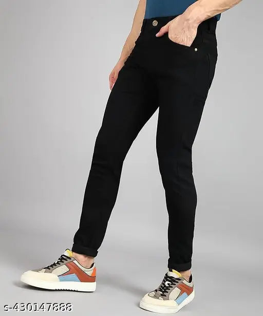 black mens denim jeans for men, solid pattern, everyday wear with shirt. Size: 28 (waist 29in, length 40in, hip 34in), made in India