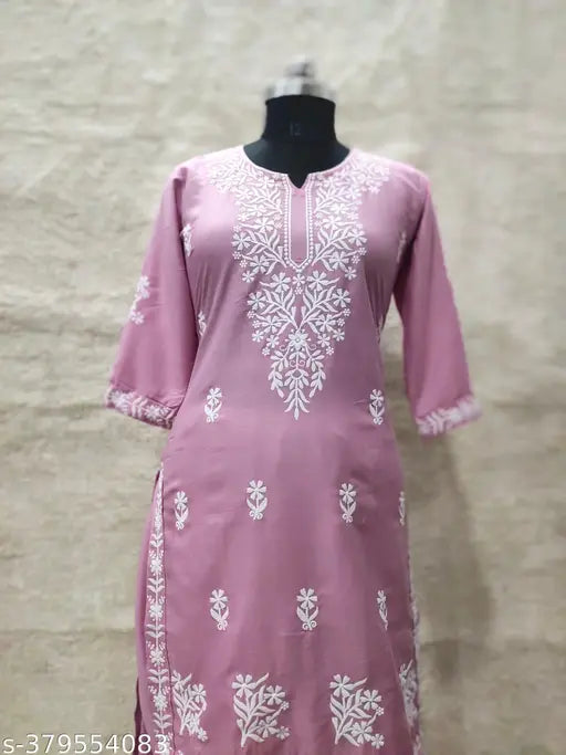 Embroidered rayon kurta set with palazzos, fancy chikankari work on three-quarter sleeves, India origin