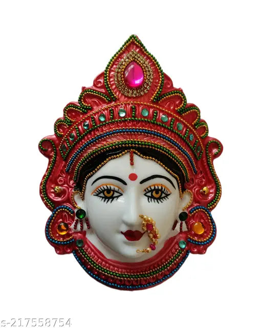 Red polyfibre Goddess Laxmi figurine, 4cm tall and 16.5cm wide, showcasing Mahalakshmi's face for home or office decoration, symbolizing prosperity and wealth