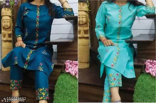 Embroidered cotton kurta set combo (2 pieces) - three-quarter sleeves, printed design, Indian origin