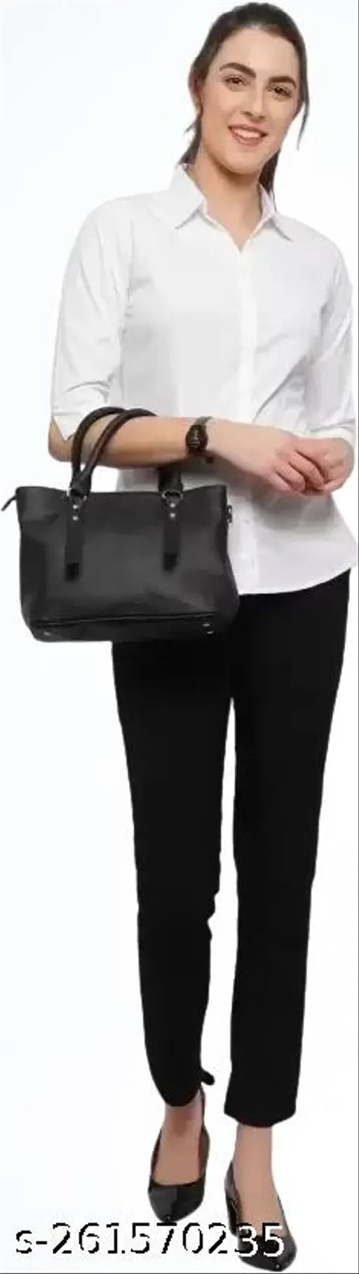 Black crepe women's three-quarter sleeve solid shirts under $199, size S-XXXL