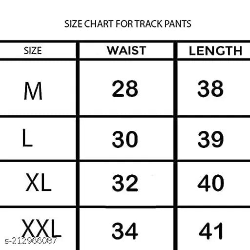 Size chart for track pants in darkweave, with adjustable waist and length
