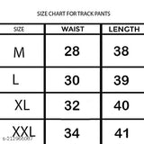 Size chart for track pants in darkweave, with adjustable waist and length