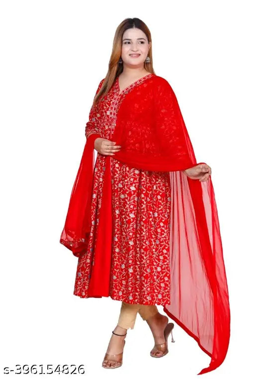 Red viscose rayon anarkali kurti with dupatta, embroidered pattern, India origin