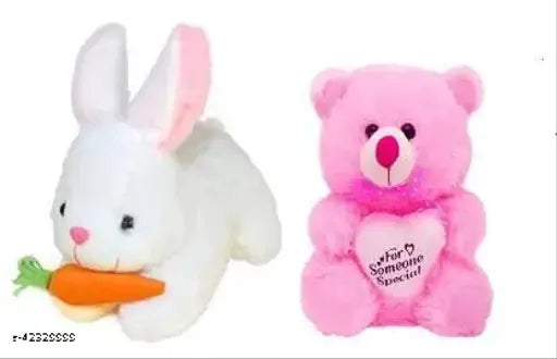 Fiber net white rabbit & pink teddy bear soft toys, unisex design from India