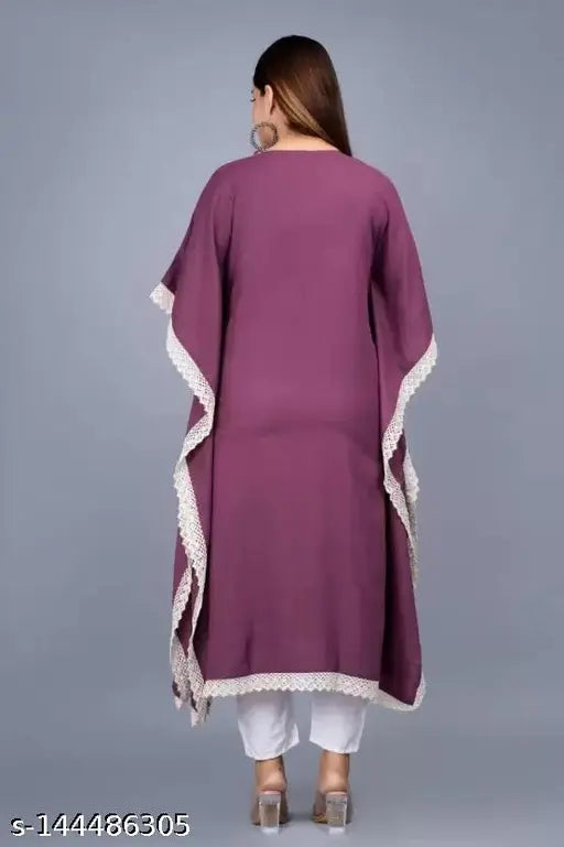 Purple rayon embroidery maxi kaftan, elegant nightdress for women at home or vacation