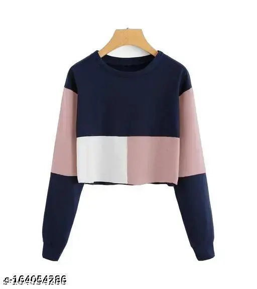 Colorblocked cotton long-sleeved women's casual crop top - daily wear (pack of 1)