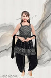 Georgette A-line Kurti, sequined embroidered Dhoti and dupatta set for kids in latest black color, embellished sleeveless top with matching dupatta on display stand. Sizes: 3-4yrs, 4-5yrs, 5-6yrs, etc. Origin: India