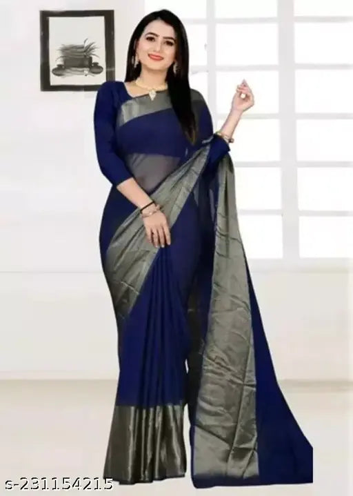 Navy Blue Chiffon Saree with Zari Border - Elegant women's chiffon saree featuring solid design and intricate zari border, ideal for special occasions