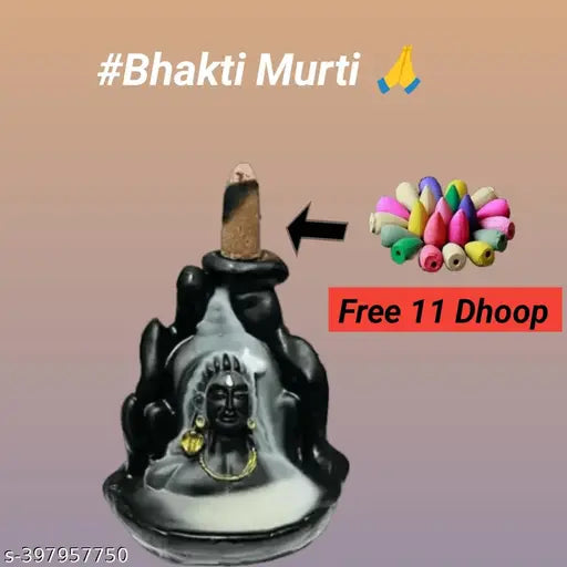 Poly resin Lord Shiva Adiyogi statue with 11 smoke backflow dhoop cones, Indian decorative showpiece (10cm x 12cm x 7cm)