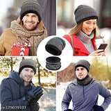 Woolen family winter caps with neck warmers (3pcs), ultra soft, unisex, machine knitted, fur patterned, India origin