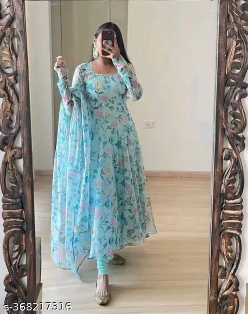 Aqua blue Georgette gown with long sleeves and printed net pattern, size S-XXXL