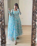 Aqua blue Georgette gown with long sleeves and printed net pattern, size S-XXXL