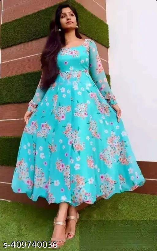 Sky blue satin floor-length maxi dress, heavy weight material, less printed design