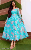 Sky blue satin floor-length maxi dress, heavy weight material, less printed design