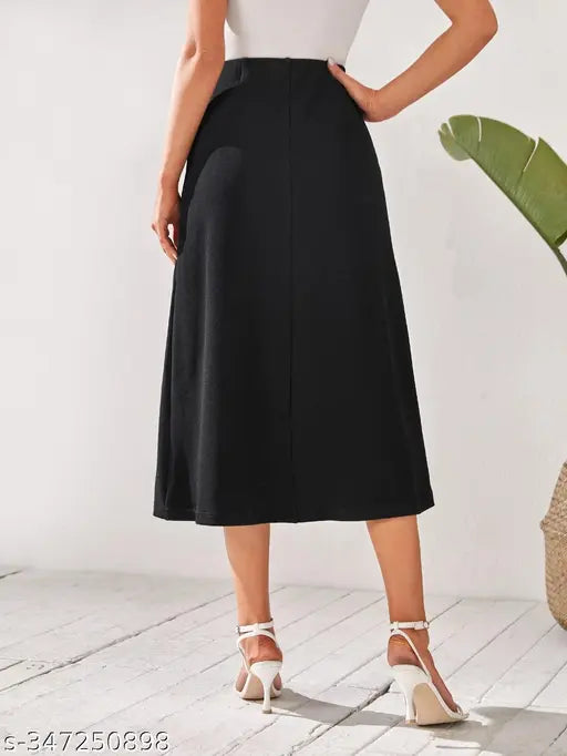 Black midi skirt, flared cut, waistband detailing