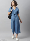Blue denim v-neck jumpsuit with short sleeves, solid pattern and front knot, StyleStone women's size N, M, L, XL, XXL (Origin: India)