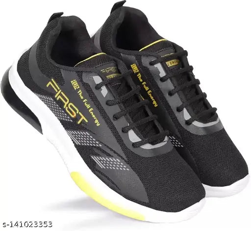 Black kids casual sports shoes with white soles and yellow laces