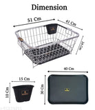 A stainless steel dish drainer with a basket, rack, and tray, suitable for kitchen utensils and featuring water drainage and a spoon jar