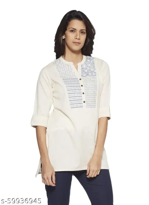 Trendy cotton-blend kurti, short sleeves, printed combo, XS - XXXXL