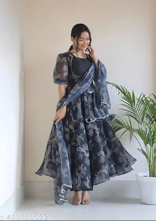Black Organza Anarkali Dress Gown with Dupatta, stylish floral print for women. Multi-color, ready-to-wear, suitable for weddings and parties. Made from organza fabric. India origin