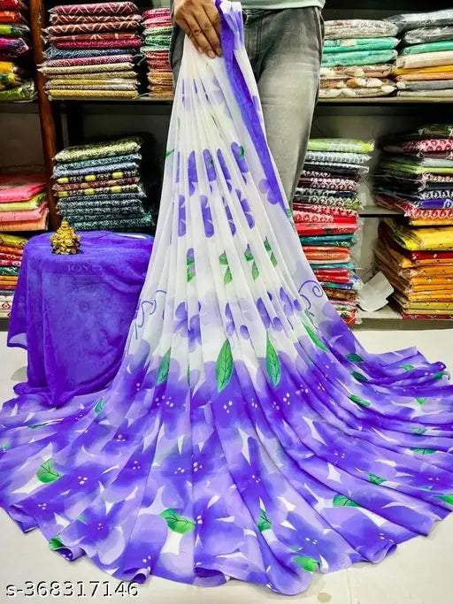 Blue and white georgette printed chiffon saree set, includes 2 pieces