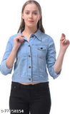 Light Blue washed denim crop jacket, women's distressed denim with pocket, stretch fitted, three-quarter sleeves