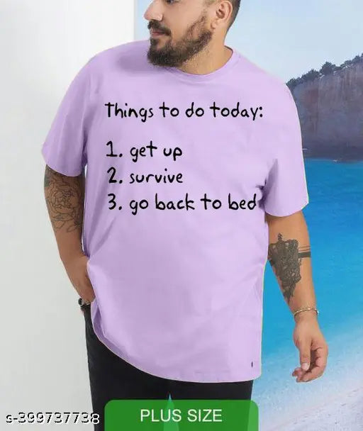 Purple cotton men's t-shirt with "100 cotton" print, round neck, plus size.