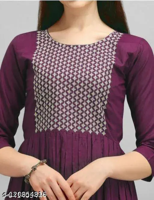 Rayon embroidered yoke anarkali kurti, trendy three-quarter sleeve for women, L (bust size 40"), XL (bust size 42"), XXL (bust size 44")