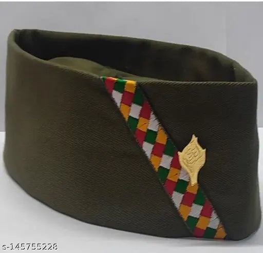 Army colour cotton flat cap / beret, traditional Pahadi Modi Topi - Brahmakamal Topi Uttrakhand Cap from India