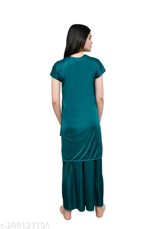 Dark Green Satin Palazzo Night Suits Set - Three Comfortable Sleepwear Pieces for Women, Lace trimmed bottoms