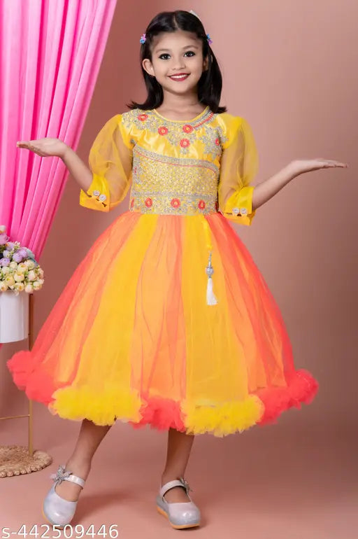 Embroidered fusion dress, twin color combination, full sleeve, princess cut, ethnic, party wear for girls