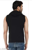 Black active Cliffix hoodie, men's polyester graphic print sleeveless t-shirt for sports/gym wear, trendy hood neck design, available in sizes XL, L, M, XXL. Made in India