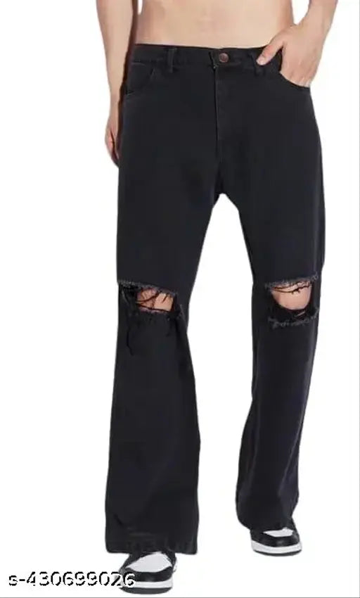 Black denim men's knee cut baggy