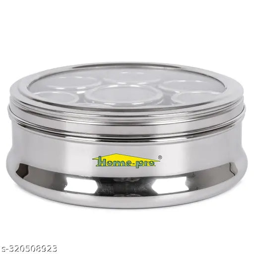 Homepro stainless steel see-through spice dabba, multipurpose container with 8 small containers, air tight lid, 22.5 cm diameter, kitchen use