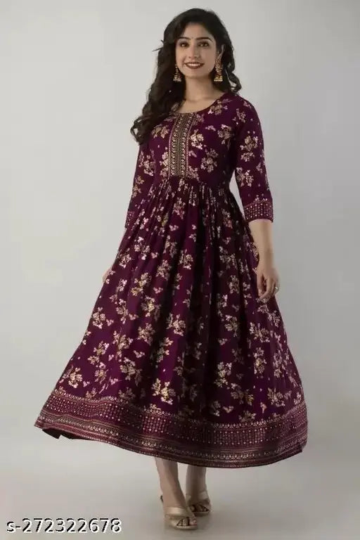 Wine Rayon Anarkali Kurta Set with Tassels - Vibrant hand block print traditional Indian attire, flared silhouette