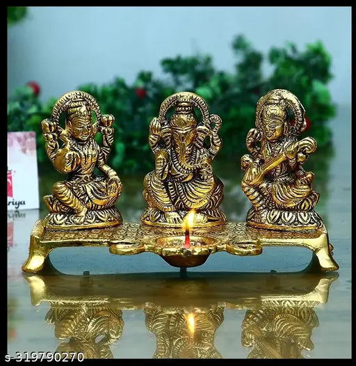 Laxmi Ganesh Sarawati Choki metal set with diya, Vastu, home temple decor, Indian craftsmanship, 19x5x10cm dimensions