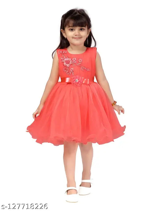 Red net embellished frock dress for girls, India-made party wear (12-18 months, 3-4 years, 4-5 years, 5-6 years)