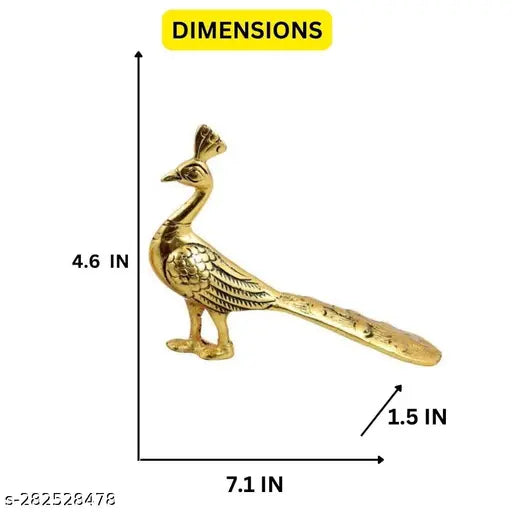 Gold-plated metal peacock showpiece, 7.5" x 6.5" x 1.5", Indian handcraft for home garden, temple, office shelf, living room decor