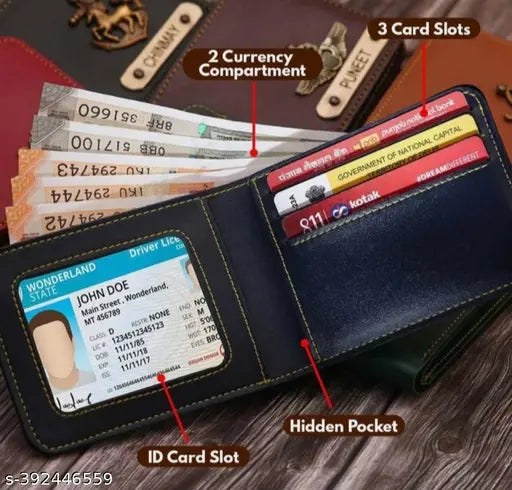 Customised faux leather wallet & keychain for men, personalised accessory with three compartments, free size (15cm x 10cm), made in India