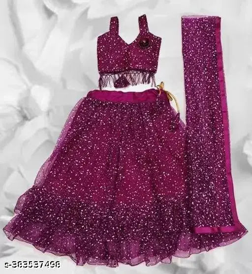Embellished net lehenga choli with block print, available in various sizes from 6-12 months to 9-10 years, Indian origin