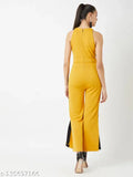 Multicolor polyester jumpsuit, Miss Chase women's halter neck with mustard and black knit side panels, solid design, sleeveless style, zip closure, side slit detailing