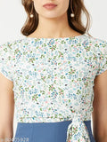 Blue crepe Miss Chase women's printed round neck jumpsuit with multicolor base and azure blue floral pattern, short sleeves and tie-up waist
